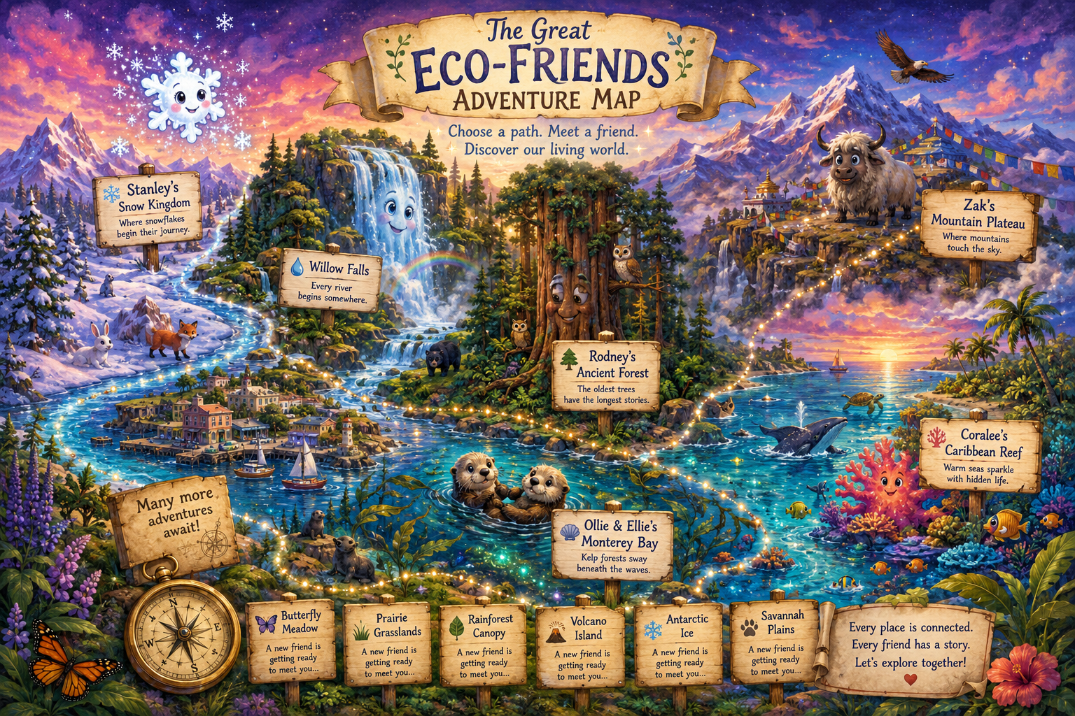 The Great Eco-Friends Adventure Map showing Stanley, Coralee, Zak, Rodney, Willow, Ollie and Ellie, and future habitats.