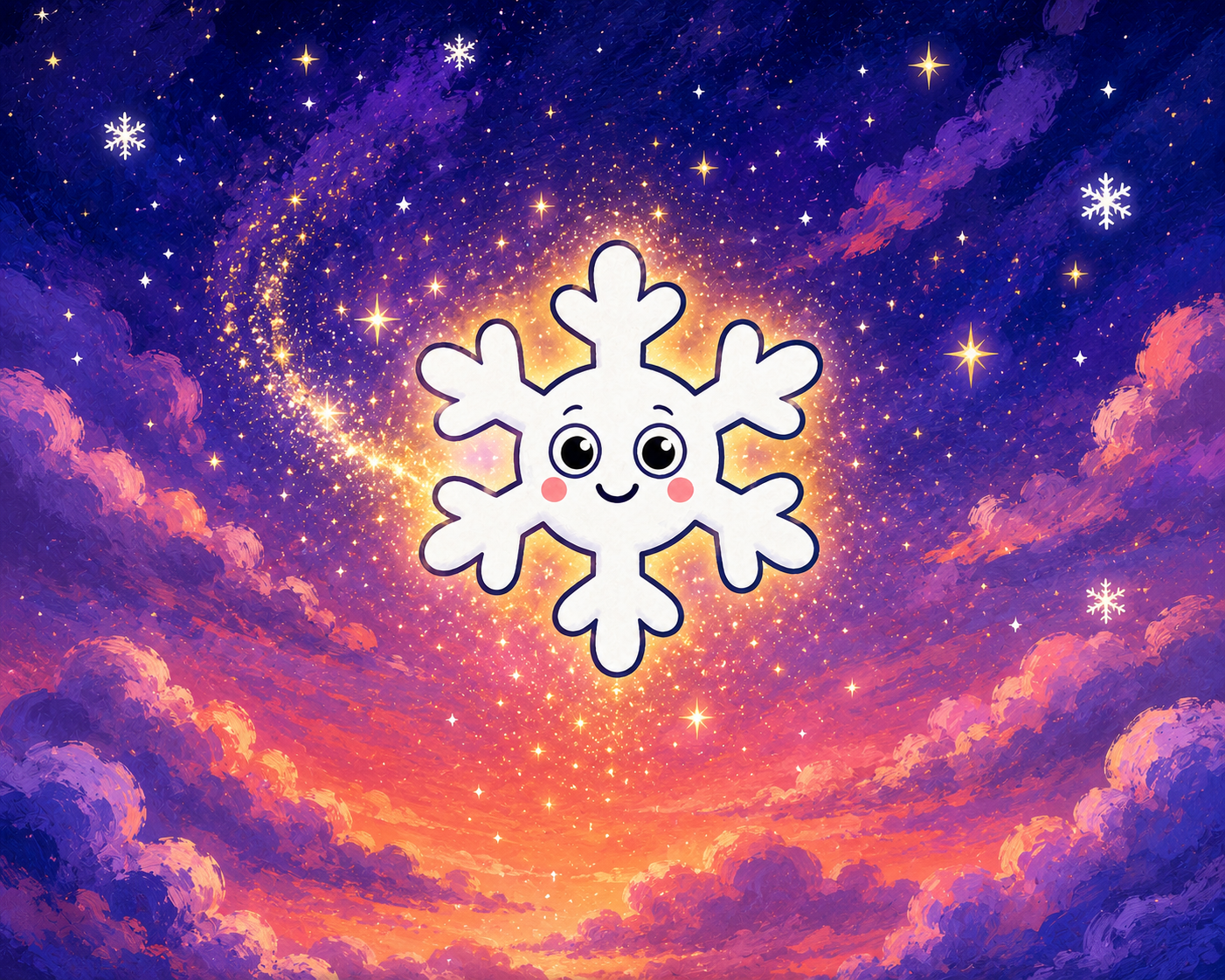 Stanley the Snowflake surrounded by a vibrant magical winter sky