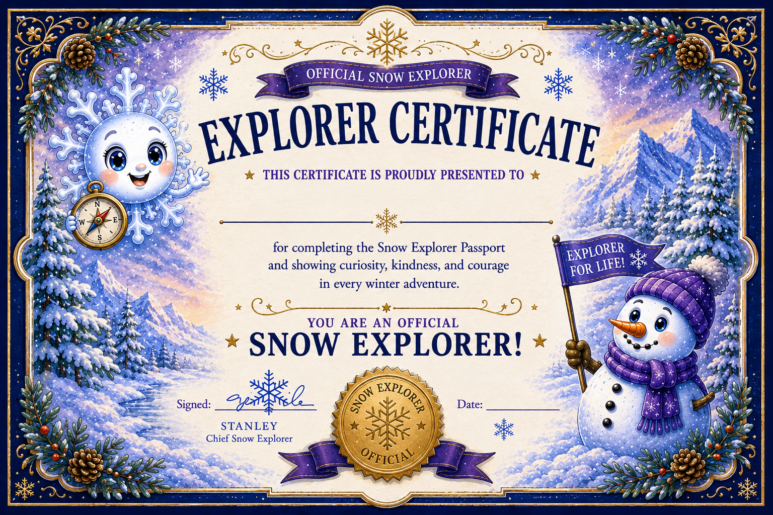 Official Stanley Snow Explorer certificate