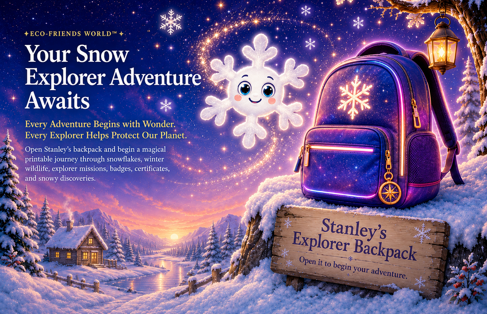 Stanley the Snowflake and his magical Explorer Backpack in a snowy winter landscape