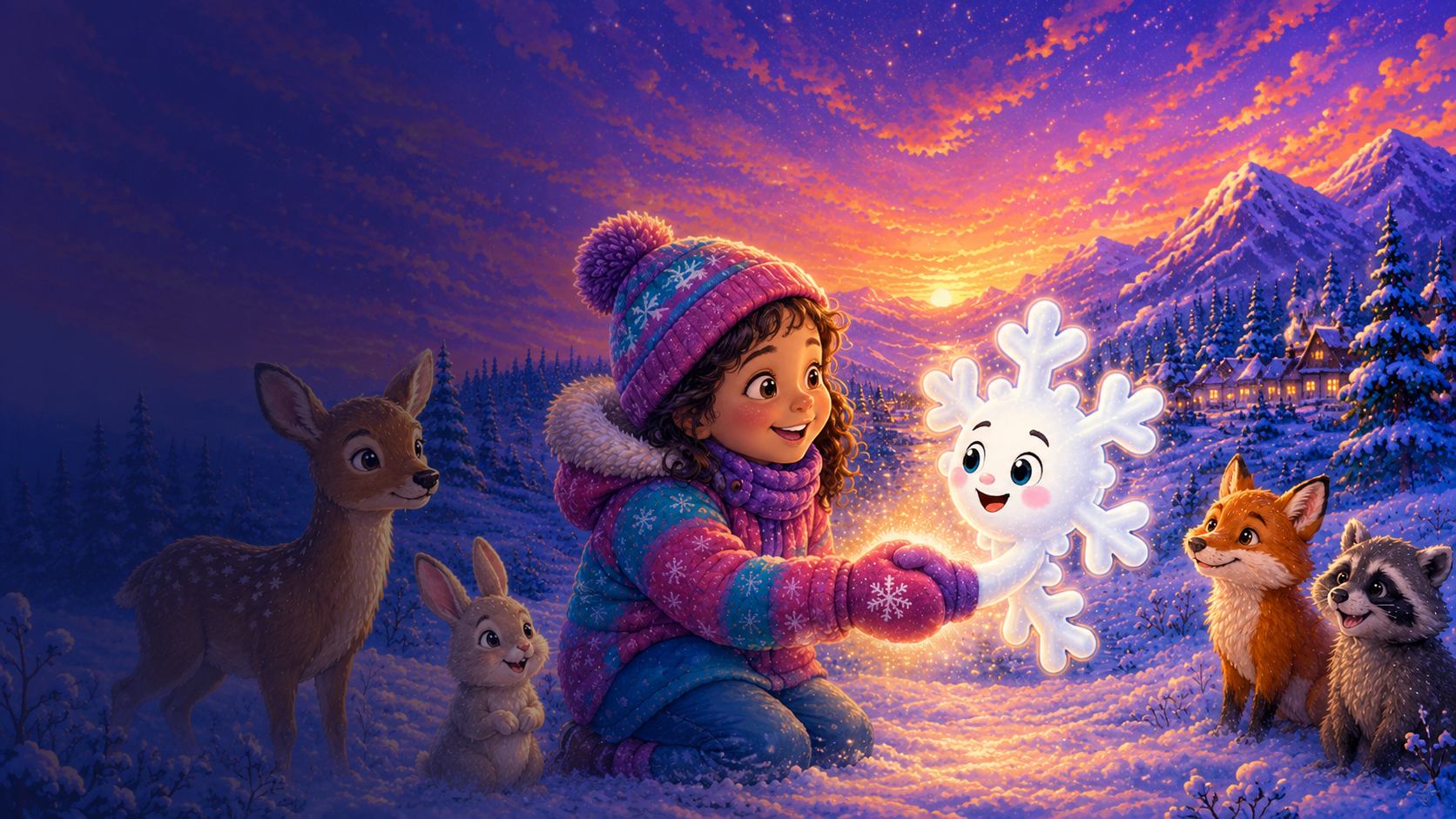 Stanley the Snowflake making a magical promise with a young explorer while woodland friends watch