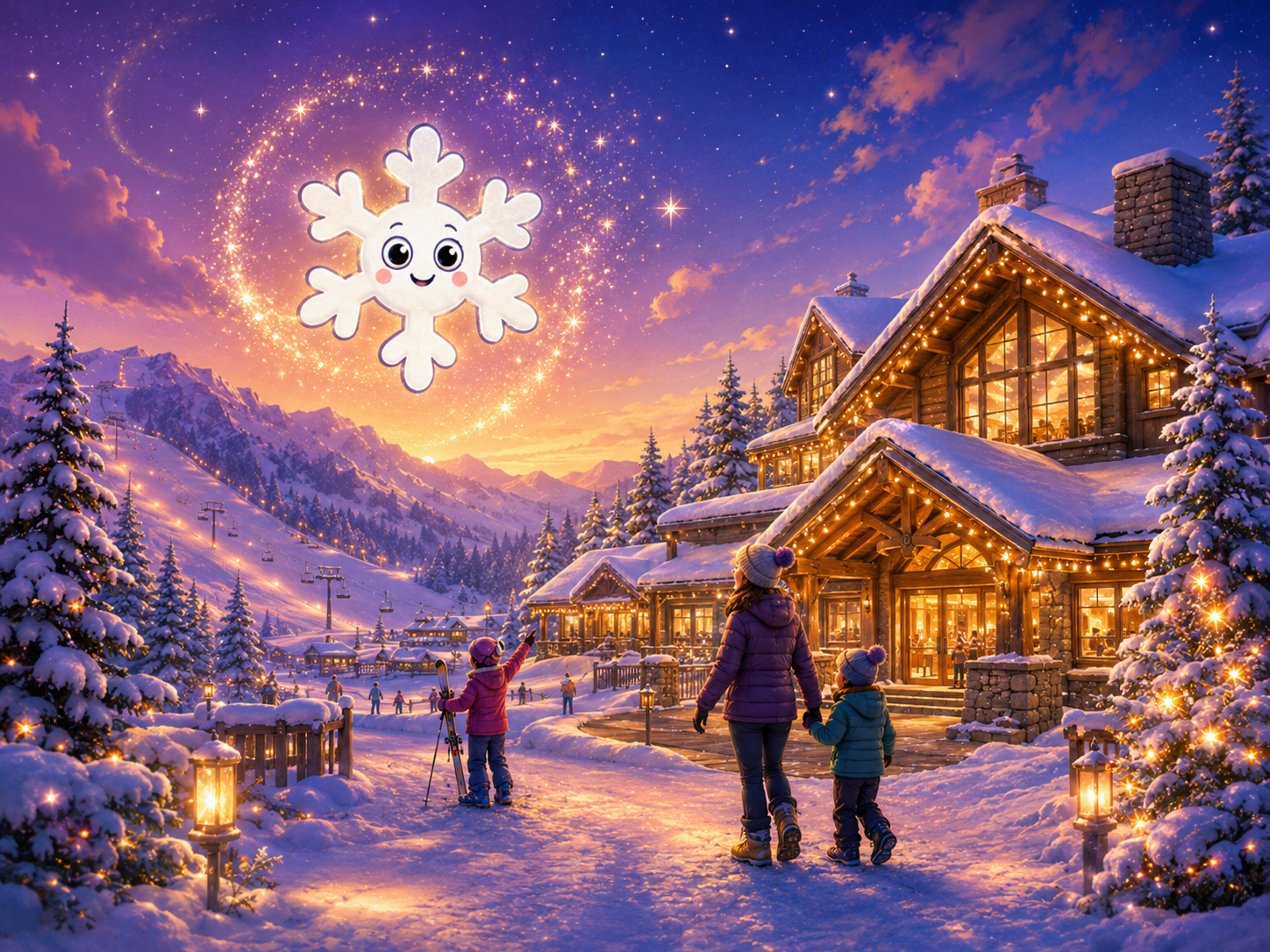 Stanley the Snowflake welcoming families to a magical ski resort and winter lodge